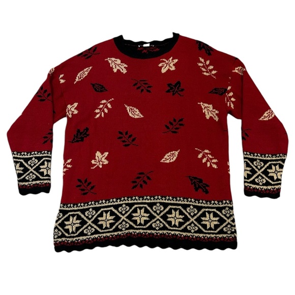 Vintage 90s Fall Autumn Thanksgiving Novelty Sweater Red w Black & Tan Leaves L - Picture 1 of 8